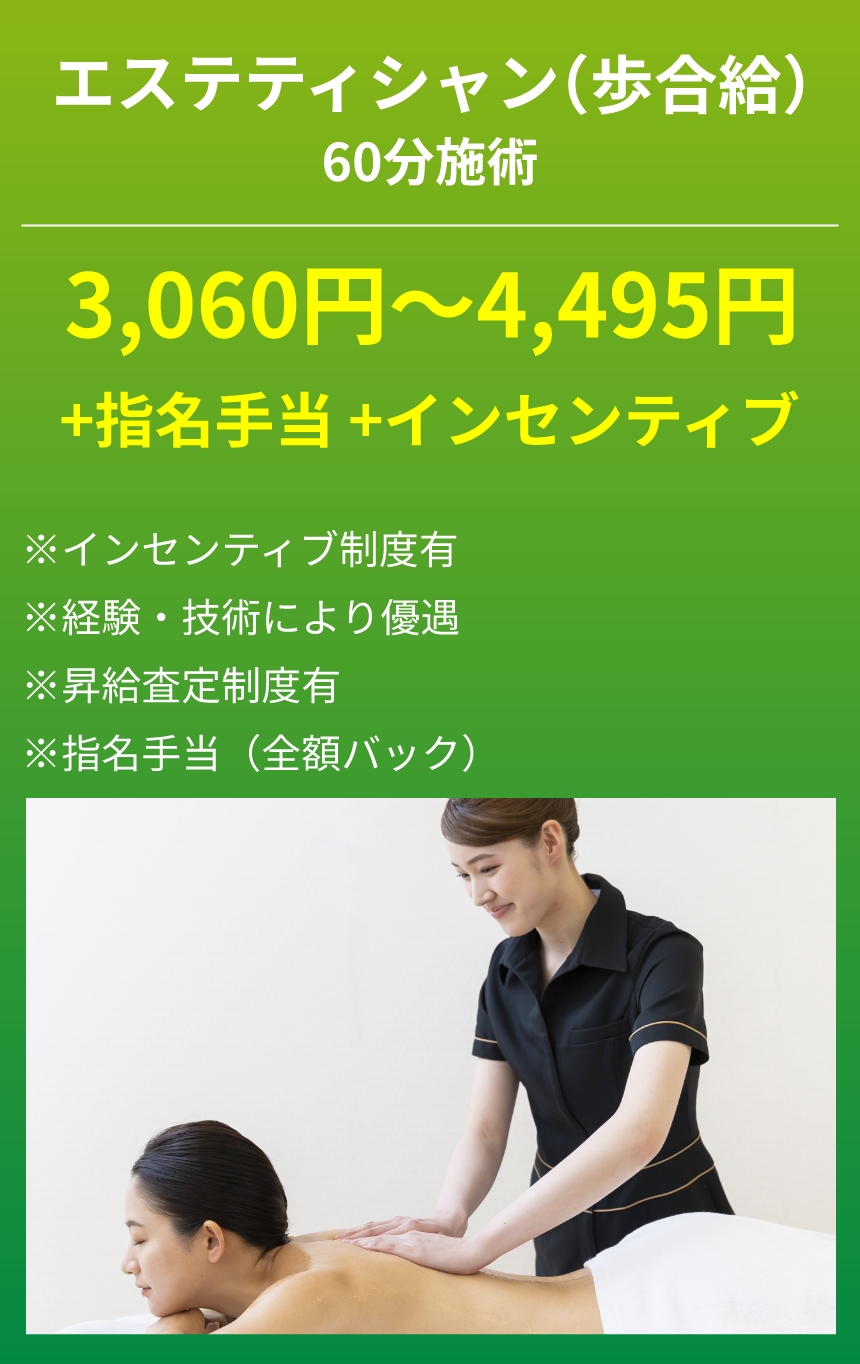 エステティシャン（歩合給）60分施術 3,060円～4,495円+指名手当 +インセンティブ ※インセンティブ制度有※経験・技術により優遇※昇給査定制度有※指名手当（全額バック）